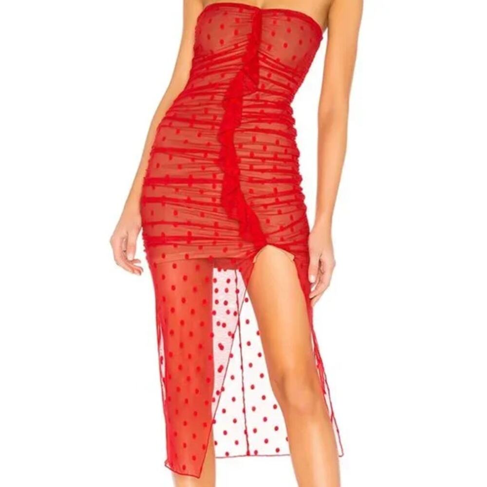Majorelle Dress Womens Small Brady Mini Ruffle Strapless‎ Red Mesh Polka Dot